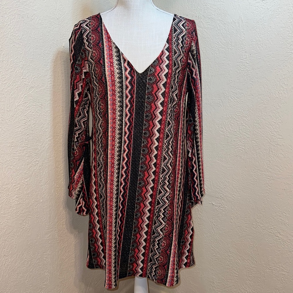 Auditions Knit Long Sleeve Striped Colorful MIDI Dress- Red, Black, Cream, Blue